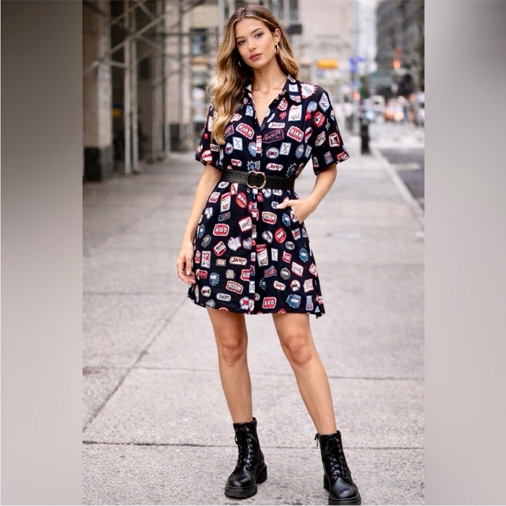 Zara Graphic Print Shirt Dress Novelty Patch Print Button Down Size Large